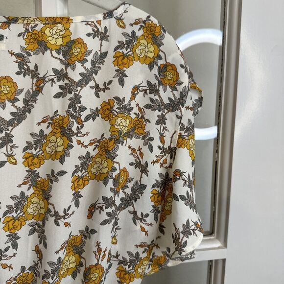 MAX STUDIO Yellow Floral Peplum Blouse Tie Waist Flutter Sleeve Womens S - Picture 11 of 13